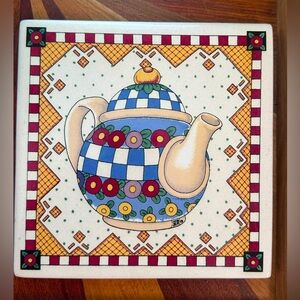 Mary Engelbreit Santa Barbara Teapot Ceramic Trivet/ Wall mount 8" square Heavy